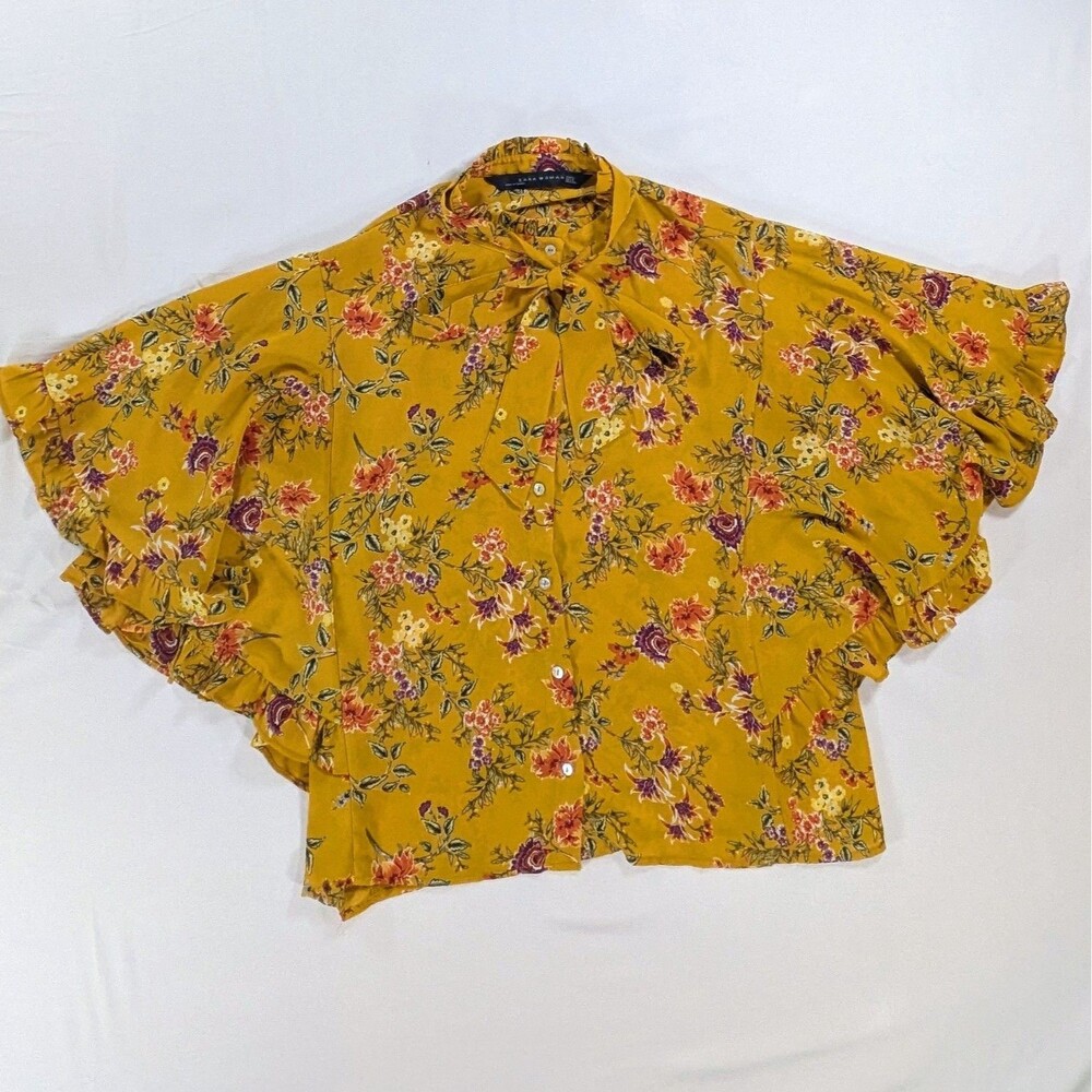 Zara Top Womens S Gold Blouse Button Up Ruffle Wide Batwing Floral Boho Peasant